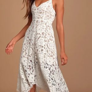 Lulu’s One Wish White Lace Midi Dress